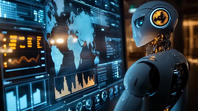 A robot monitors and analyzes data on a display screen while observing a world map in a high tech environment
