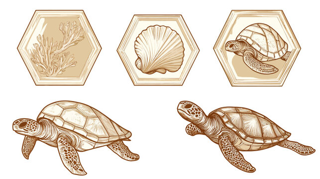 Sepia-toned illustration of coral, a shell, and sea turtles. Three turtles are also shown