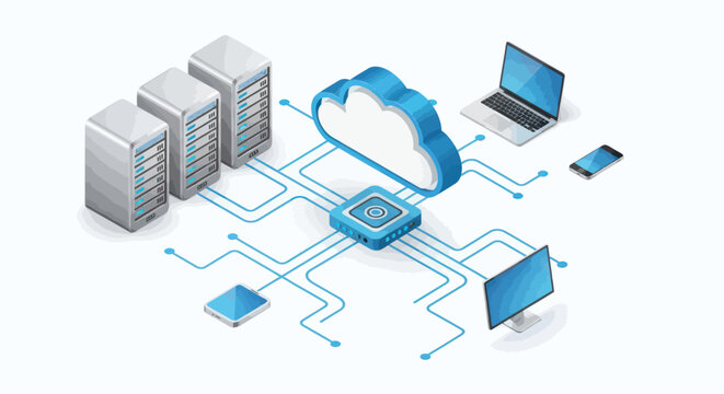 Cloud computing concept illustration with data center servers and network devices
