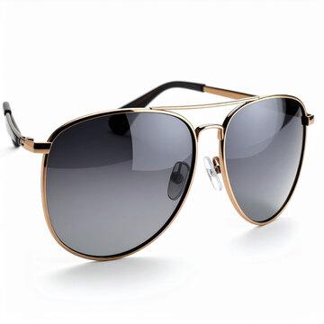 the image shows a pair of aviator style sunglasses against a white background. the frames are golden, supporting dark to light gradient lenses. thin black earpieces extend from the frame
