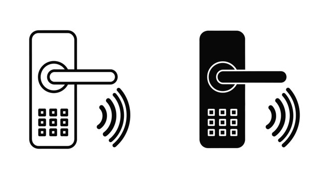 Minimalist smart door lock icons featuring a digital keypad and wireless signal waves for secure keyless entry and modern home automation systems