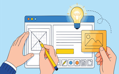 Creative UI UX Design Process with Hands Sketching Wireframe and Idea Light Bulb © MAUNG