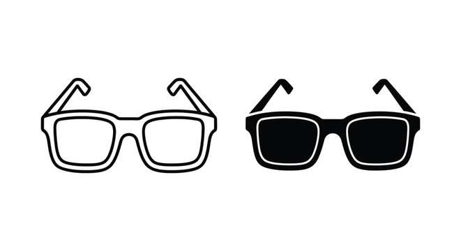 Set of minimalist black eyeglasses icons in outline and solid silhouette styles for optical services, fashion branding, and vision health concepts on a clean white background