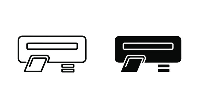 Set of minimalist ATM and credit card reader icons featuring outline and solid glyph styles for modern banking, financial transaction apps, and e-commerce payment interface design.