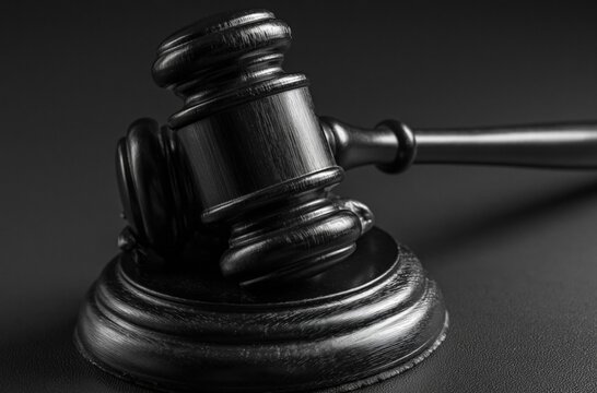 Close up of a dark wooden gavel and sound block on a dark background, symbolizing justice and law