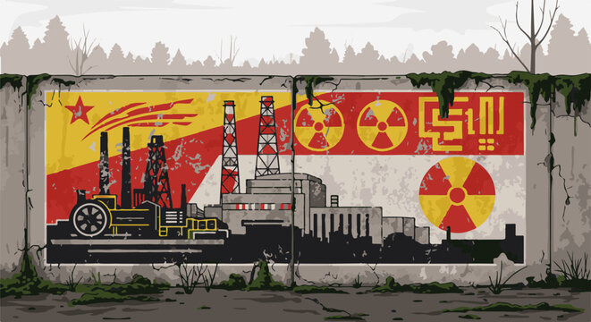 Grungy, weathered mural on a concrete wall depicting a Soviet-era nuclear power plant