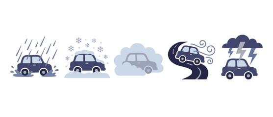 Naklejka premium Car driving in various weather conditions and road hazards icons set. Illustration of vehicles in rain, snow, fog, wind and thunderstorm, flat vector graphic design for safety and traffic concepts.