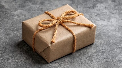 Obraz premium Handcrafted Gift Box Wrapped in Natural Brown Kraft Paper Tied with Rustic Twine String on Textured Gray Background