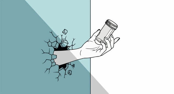 Hand breaks through wall holding a pill bottle, graphic illustration