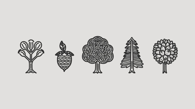 A collection of five line art illustrations of stylized trees and a nut, set on a plain background