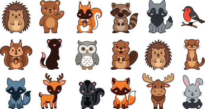 Cute forest animals collection hedgehog bear raccoon fox deer owl and squirrel cartoon vector illustration set