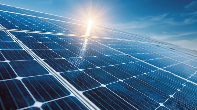 Close-up of solar panels reflecting bright sunlight against a clear blue sky, symbolizing renewable energy generation