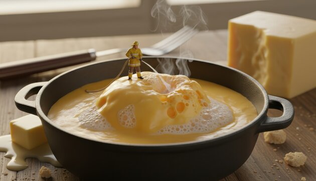 Tiny fireman bravely extinguishes bubbling cheese fire in comical kitchen scene