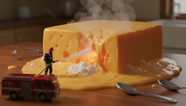 Tiny fireman bravely extinguishes bubbling cheese fire in comical kitchen scene