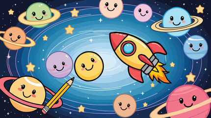 Cute Outer Space Doodle with Happy Planets Rocket Ship Stars and Colorful Galaxy © MAUNG