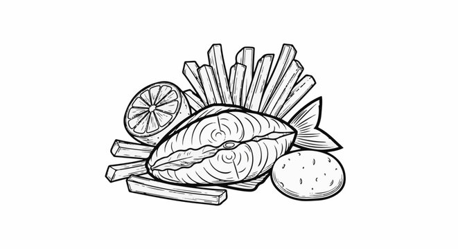 Hand-drawn illustration of a fish steak, fries, lemon, and potato wedge