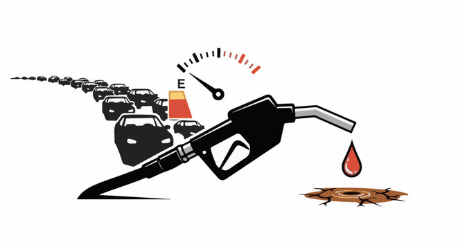 Fuel pump nozzle drips on cracked earth with traffic jam and empty gauge