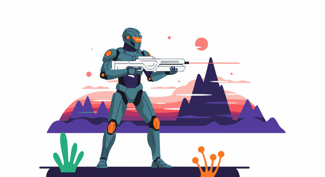 Futuristic robotic warrior aims advanced weapon across alien mountainous landscape