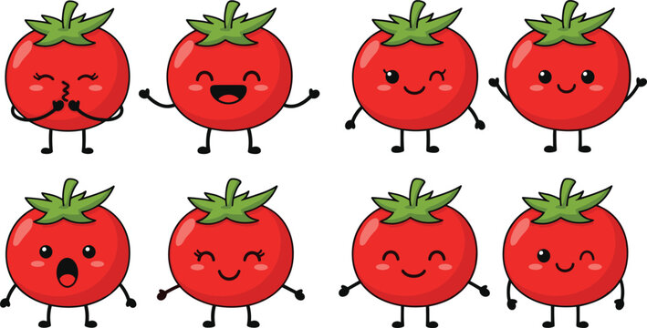 Cute Kawaii Red Tomato Character Collection Vector Set with Various Happy Expressions and Poses on White Background