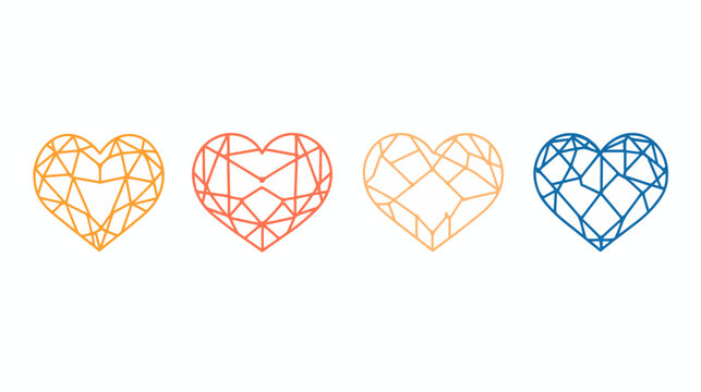 Four geometric heart shapes with various colors and intricate line patterns on a white background