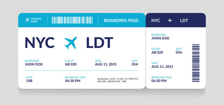 Air plane ticket template. Realistic airline ticket design with passenger name. Plane ticket vector template or airline boarding pass ticket isolated. Airline flight pass concept.