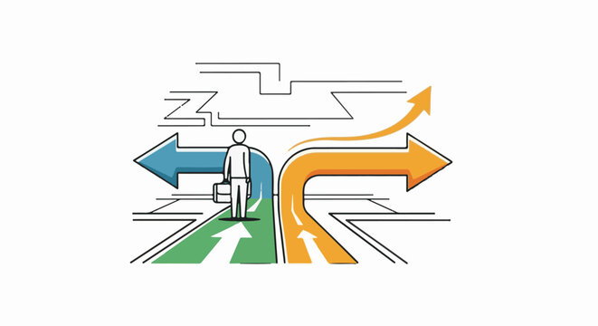 Figure at fork in the road with directional arrows