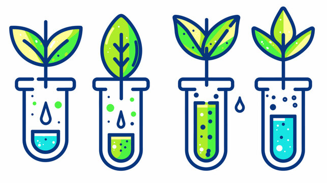 Four stylized depictions of test tubes with plants growing from them. Varying liquid levels