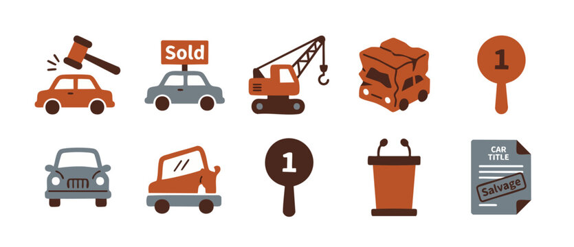 Car Auction Icon Set for Salvage and Used Vehicle Sales, Flat Vector Graphic Collection Featuring Bidding Paddles, Auctioneer Podium, Crushed Cars, and Vehicle Title Documentation for Auto Business