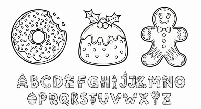 Festive alphabet and treats a donut, pudding, gingerbread man, and letters