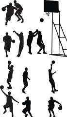 WebBlack Basketball Player Silhouette Set Featuring Male Athletes Dribbling, Jumping, Shooting, and Playing on a Professional Court Hoop © jamal