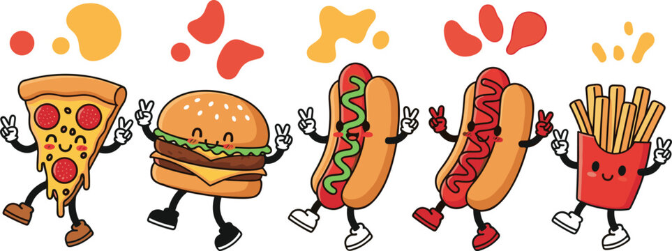 

Retro Groovy Fast Food Characters Walking Together with Pizza, Burger, Hotdog, Sausage and Fries Peace Sign Cartoon Mascots
