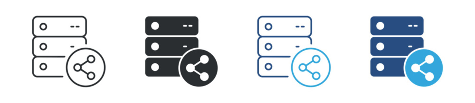 Data sharing server icon set. database stack with network share symbol. cloud storage and connectivity concept. vector illustration.
