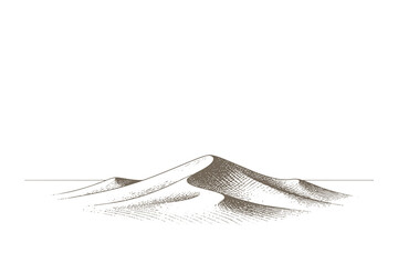 Minimalist desert sand dunes landscape under a clear horizon in vintage hand drawn engraving vector illustration style for travel and nature themes. © Chairul
