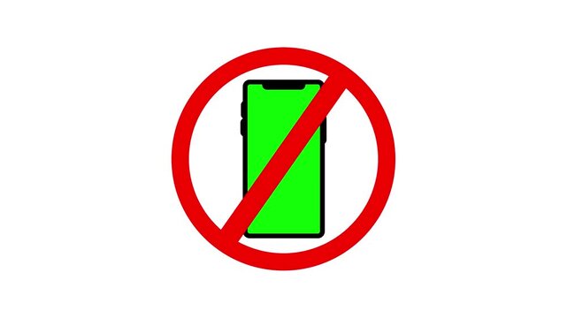 Animated no phone icon with a red prohibition circle on a white background. Use for quiet zone warning, device ban, or alert footage.