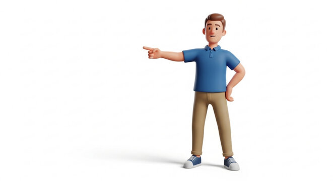A cheerful cartoon man in a blue shirt pointing to the left side with a friendly smile on his face