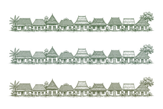 Horizontal row of diverse traditional houses and huts in vintage hand drawn engraving vector illustration style for architectural and cultural design.