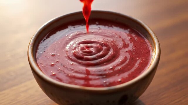 Bowl of thick, vibrant red sauce with swirling pattern on a wooden surface