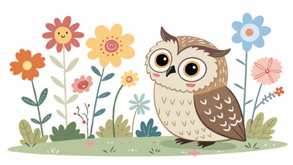 Estores personalizados con tu foto A cute cartoon owl standing in a garden with colorful flowers