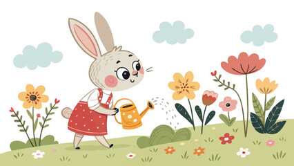 Fototapeta premium A cute cartoon rabbit watering colorful flowers in a garden on a sunny day