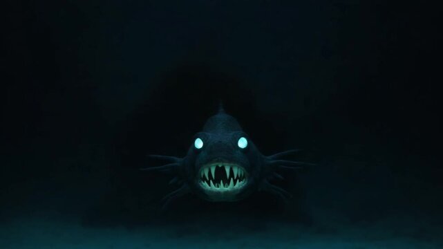 Surreal Underwater Creature with Sharp Teeth and Glowing Orbs