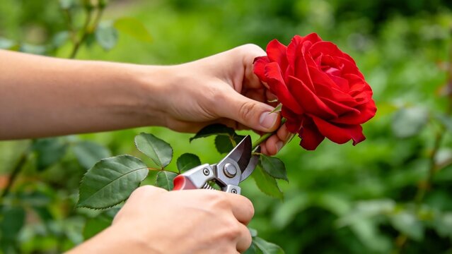 Person cutting red rose with scissors