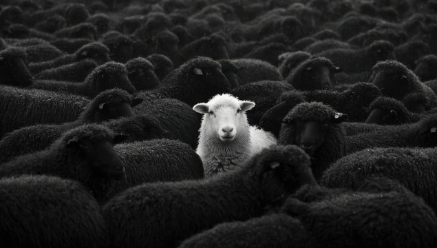 Lone White Sheep Stands Out Amidst a Flock of Black Sheep.
