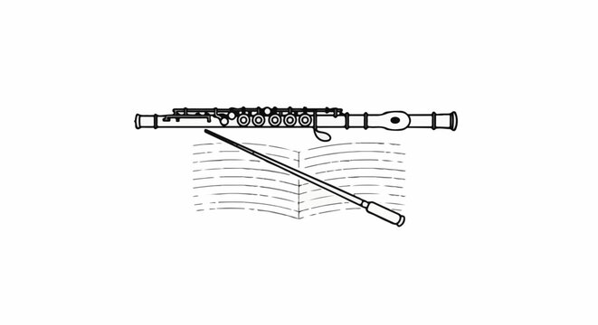 Flute and conductor's baton resting on sheet music