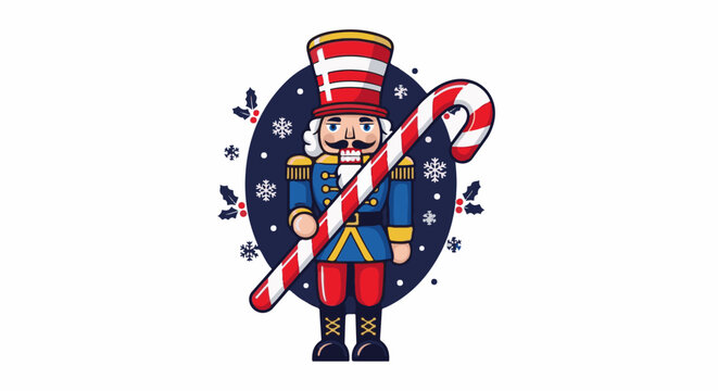 Festive nutcracker figure in blue uniform holds candy cane with snowflakes