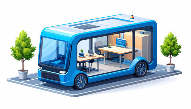 A vibrant 2.5D illustration showcasing an innovative mobile office bus, designed for flexible work environments and modern remote productivity solutions