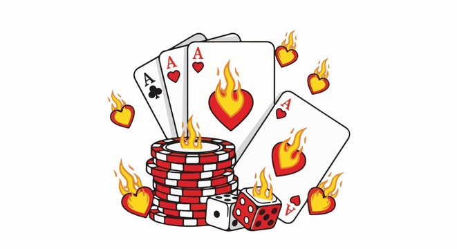 Flaming aces, dice, and chips signify a high-stakes casino game
