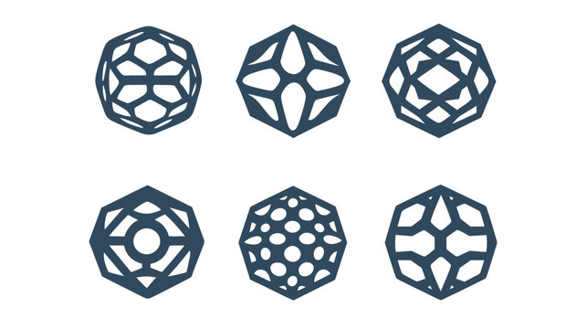 Six geometric, dark blue shapes arranged in two rows on a white background. Each has a unique, symmetrical design