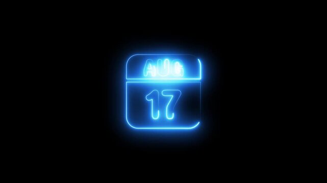 Glowing Blue Calendar August 17 Neon Sign on Black Background