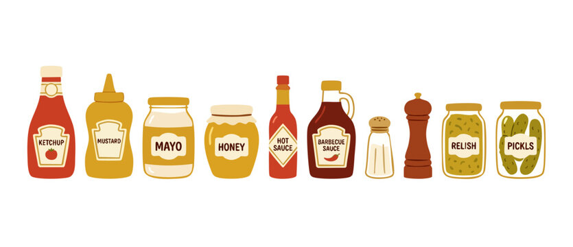 Condiment bottles and food jars collection set, ketchup mustard mayonnaise honey hot sauce barbecue sauce salt pepper relish and pickles bottles isolated on white background for restaurant menu design