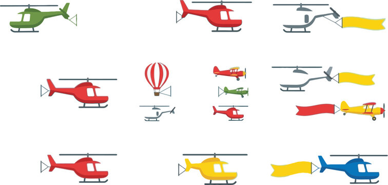 Helicopters set different models with banners and hot air balloon aviation vector illustration collection